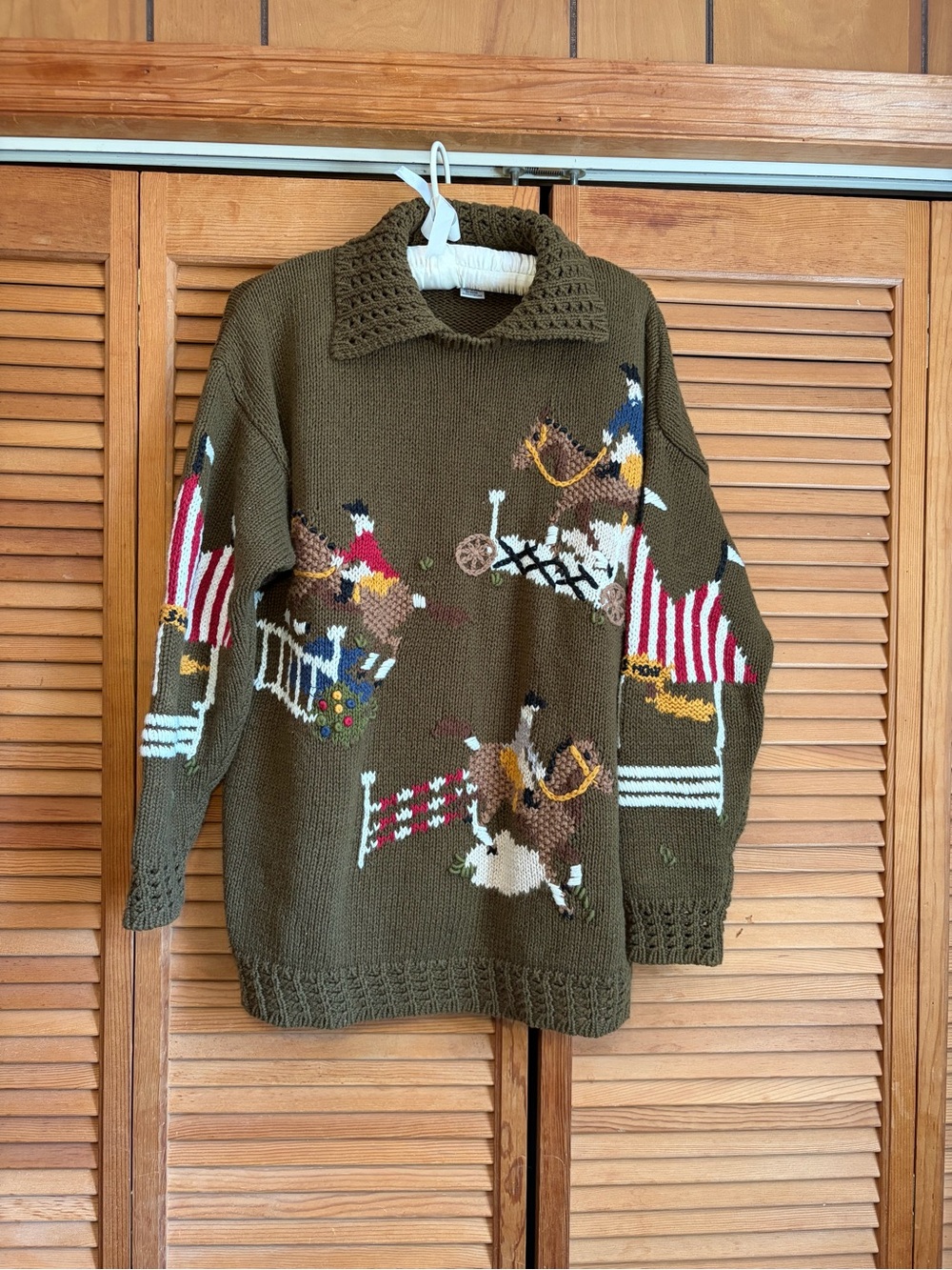 Vintage Berek style knit Green Equestrian Crewneck Sweater M